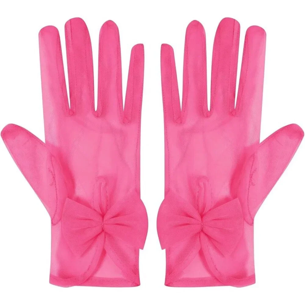 Women's Bow Pink Evening Sheer Tulle Short Length Gloves Wrist Tea Party Prom
